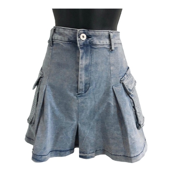 boutique Dresses & Skirts - A-line crystal embellished rhinestone utility cargo style mini denim jeans skirt